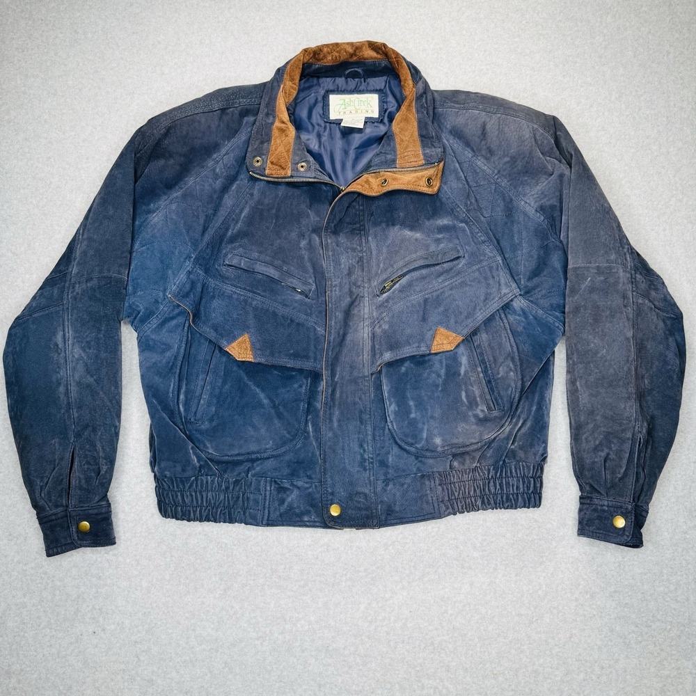 Vintage Ash Creek Trading Suede Leather Bomber Jacket Mens XL Navy Blue 90s